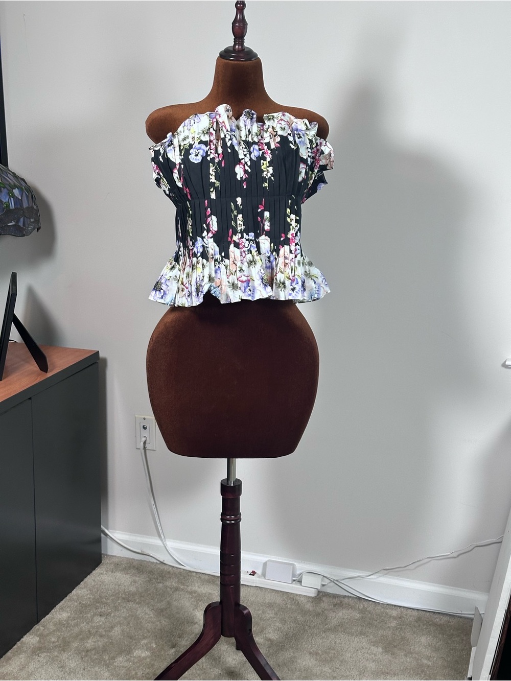 White House Black Market Black Floral Off-Shoulder Smocked Peplum Crop Top